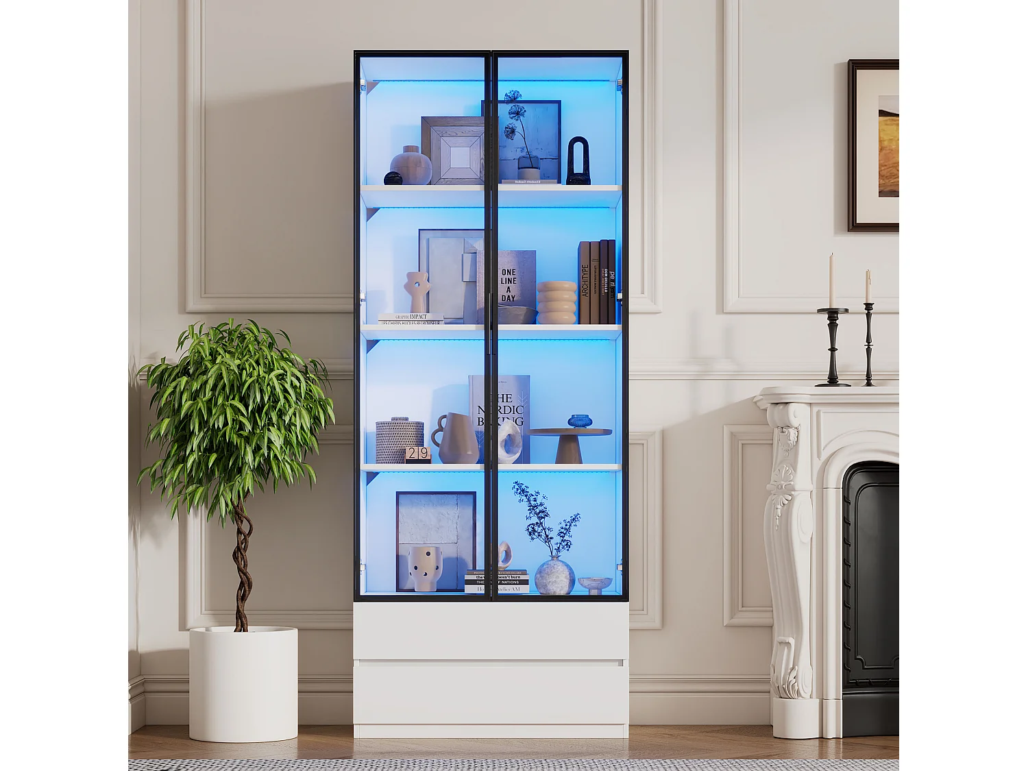 Vitrine mit 2 Schubladen und 2 Glastüren – 80 x 34 x 200 cm – LED-Beleuchtung – MDF + Sicherheitsglas – Weiß