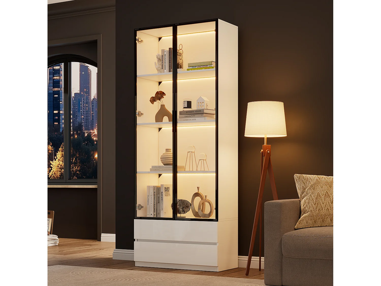 Vitrine mit 2 Schubladen und 2 Glastüren – 80 x 34 x 200 cm – LED-Beleuchtung – MDF + Sicherheitsglas – Weiß