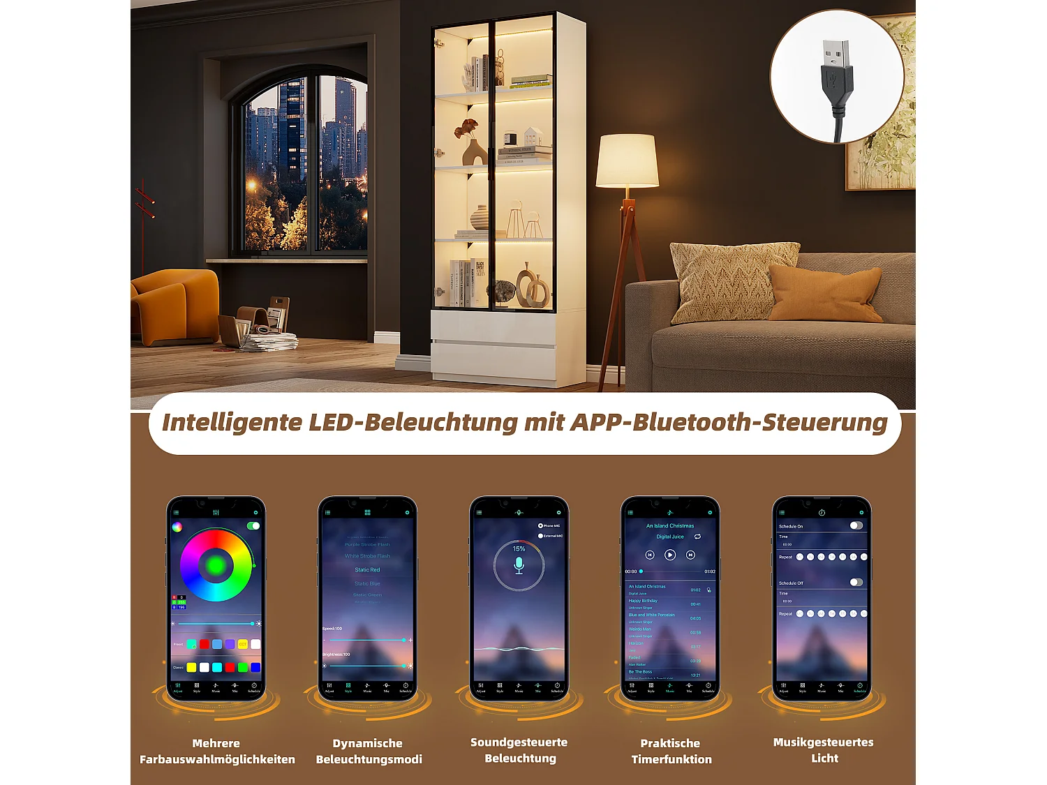 Vitrine mit 2 Schubladen und 2 Glastüren – 80 x 34 x 200 cm – LED-Beleuchtung – MDF + Sicherheitsglas – Weiß