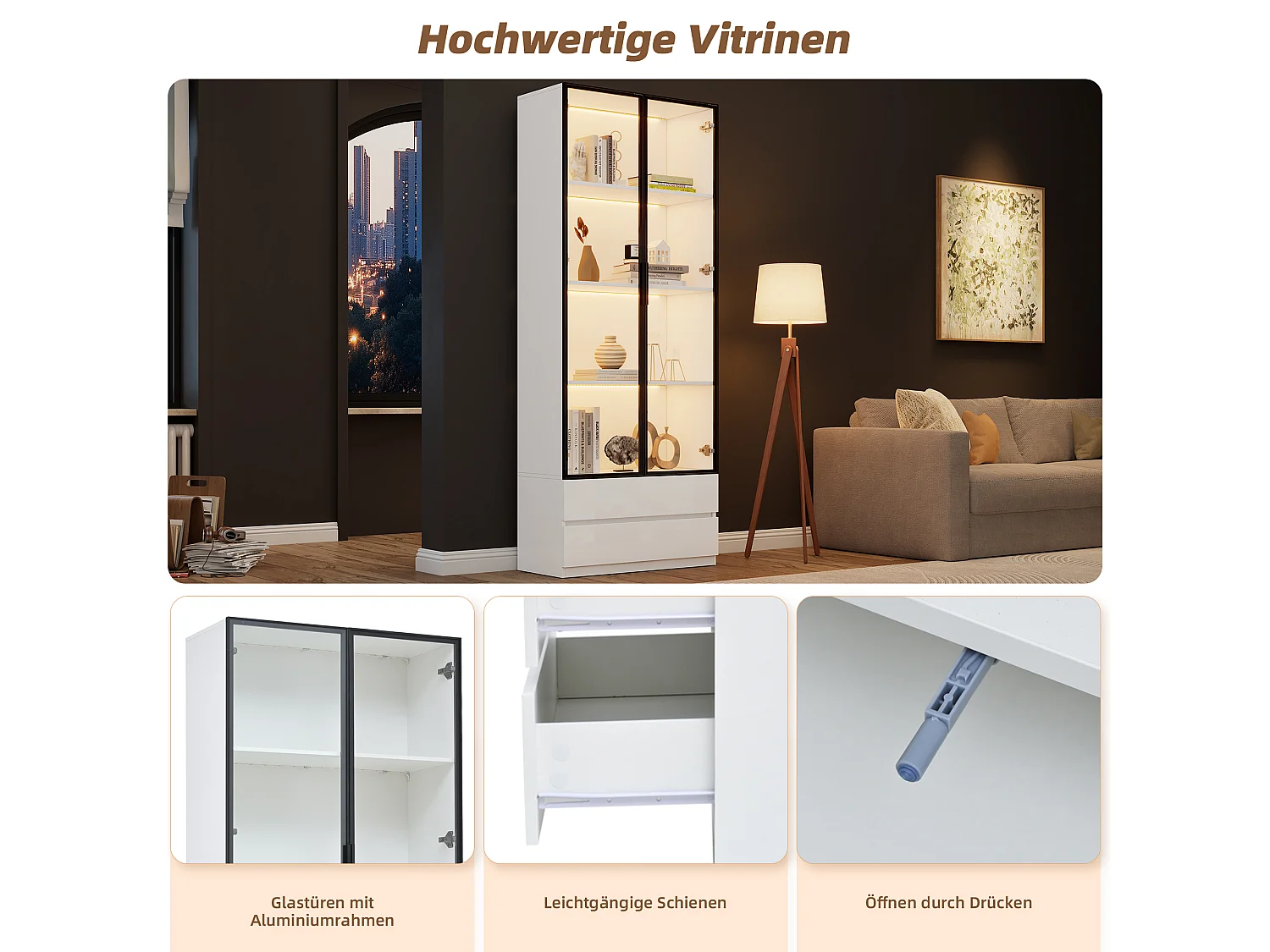 Vitrine mit 2 Schubladen und 2 Glastüren – 80 x 34 x 200 cm – LED-Beleuchtung – MDF + Sicherheitsglas – Weiß