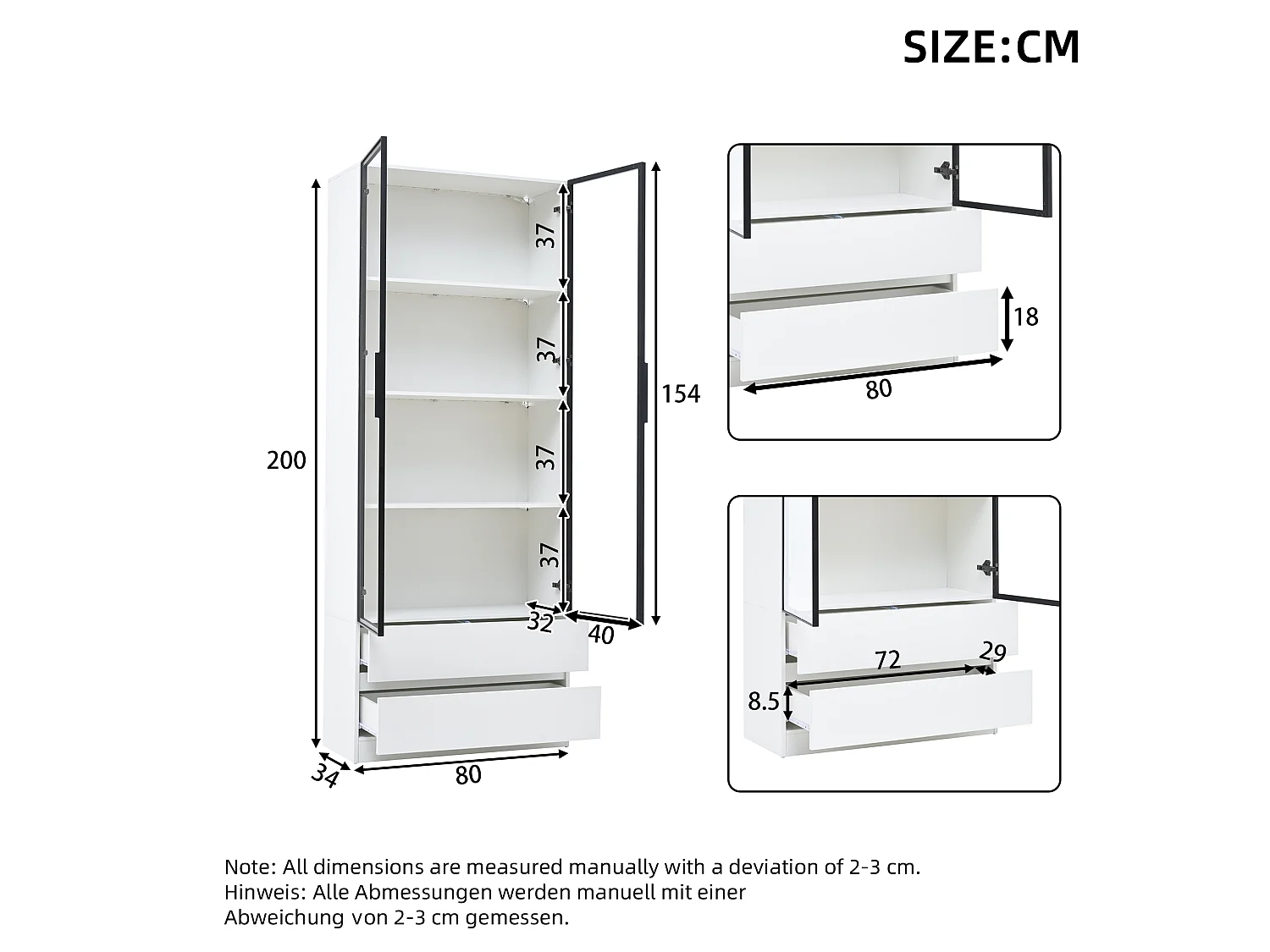 Vitrine mit 2 Schubladen und 2 Glastüren – 80 x 34 x 200 cm – LED-Beleuchtung – MDF + Sicherheitsglas – Weiß