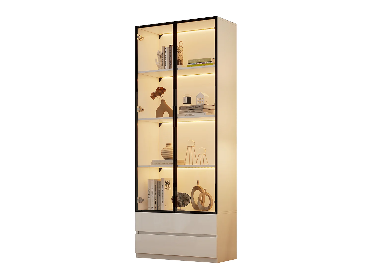Vitrine mit 2 Schubladen und 2 Glastüren – 80 x 34 x 200 cm – LED-Beleuchtung – MDF + Sicherheitsglas – Weiß