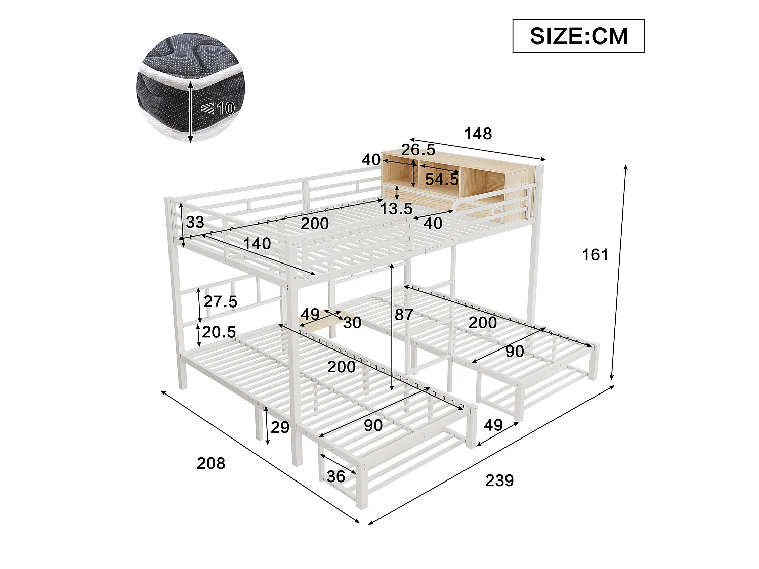 Lit superposé 140x200 et 90x200 cm avec 3 couchages - Blanc