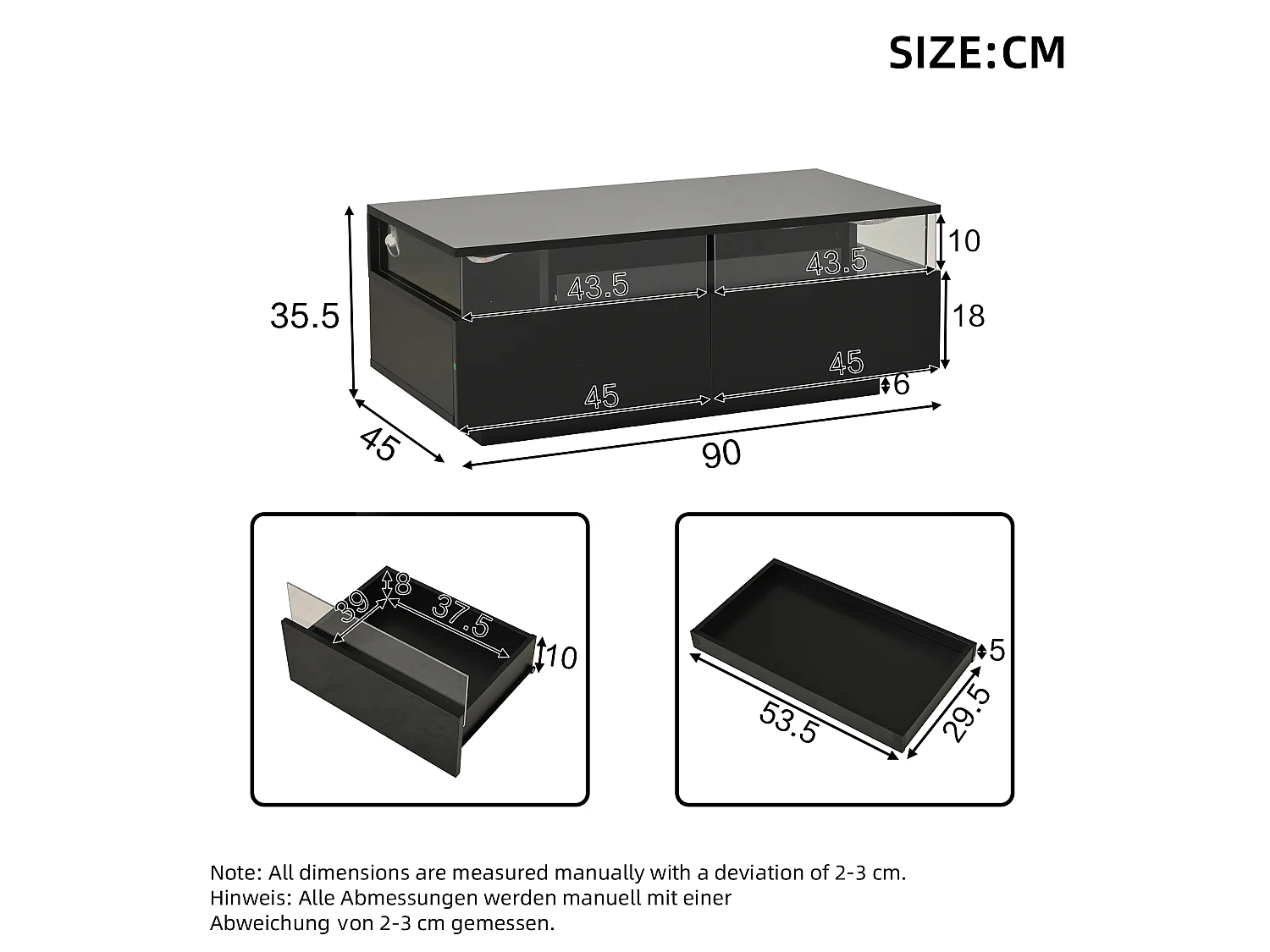 High-gloss coffee table 90x45x35.5 cm - 2 drawers - with LED lighting - with tempered glass - black
