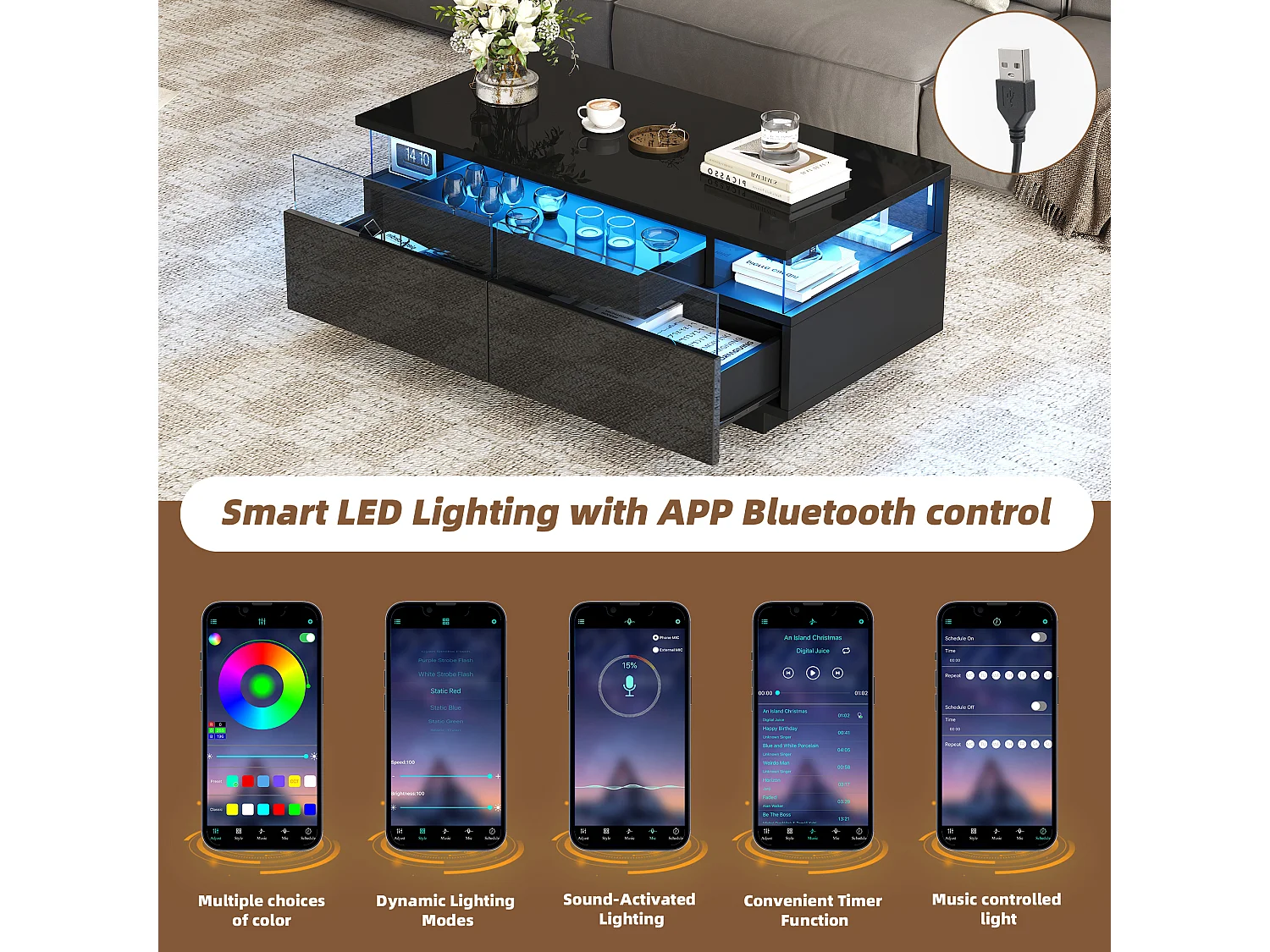 High-gloss coffee table 90x45x35.5 cm - 2 drawers - with LED lighting - with tempered glass - black