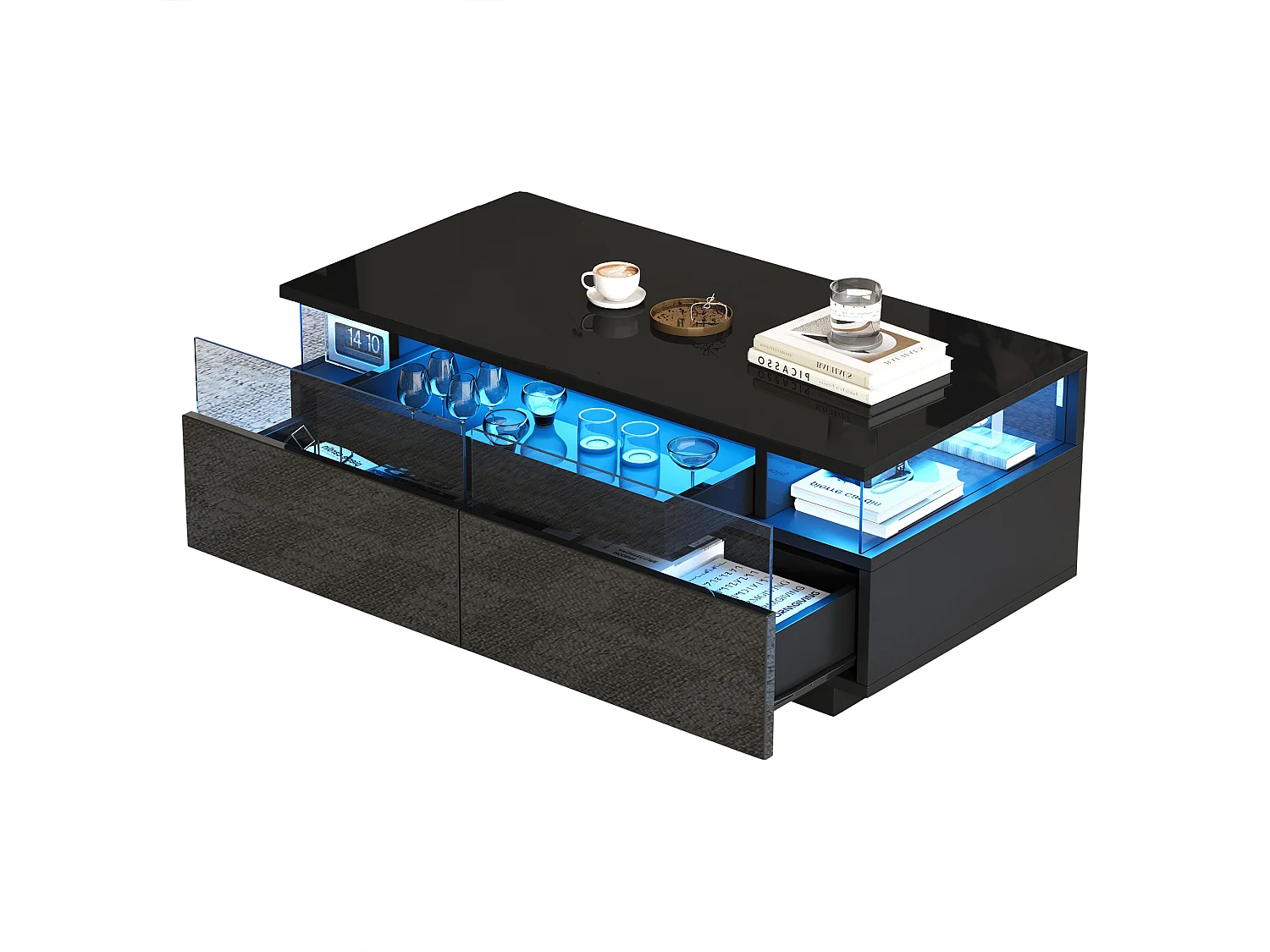 High-gloss coffee table 90x45x35.5 cm - 2 drawers - with LED lighting - with tempered glass - black