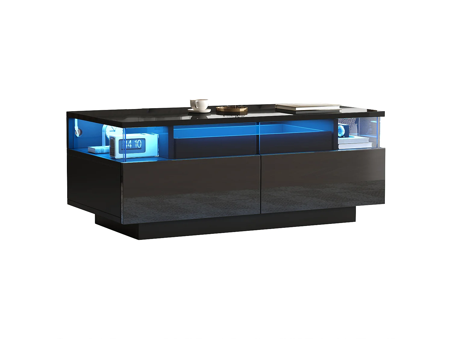 High-gloss coffee table 90x45x35.5 cm - 2 drawers - with LED lighting - with tempered glass - black