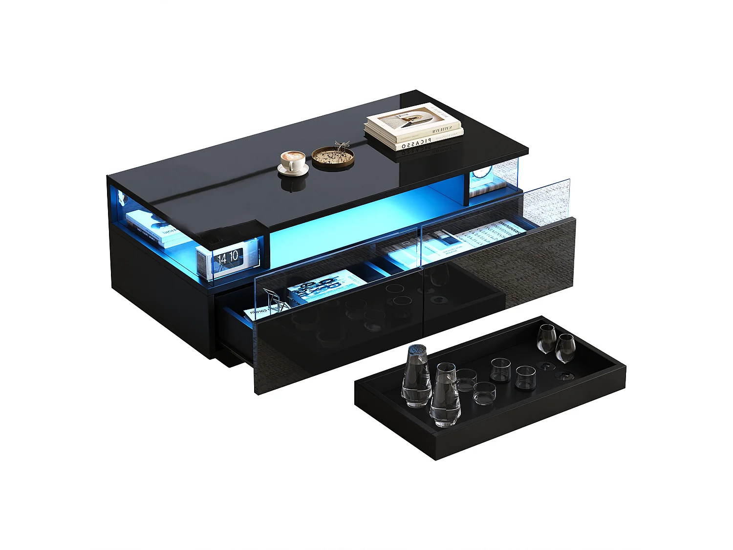 High-gloss coffee table 90x45x35.5 cm - 2 drawers - with LED lighting - with tempered glass - black