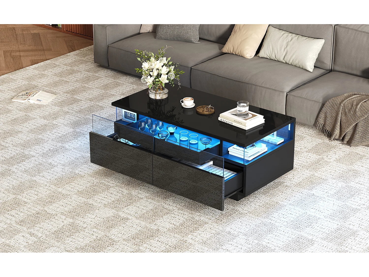 High-gloss coffee table 90x45x35.5 cm - 2 drawers - with LED lighting - with tempered glass - black