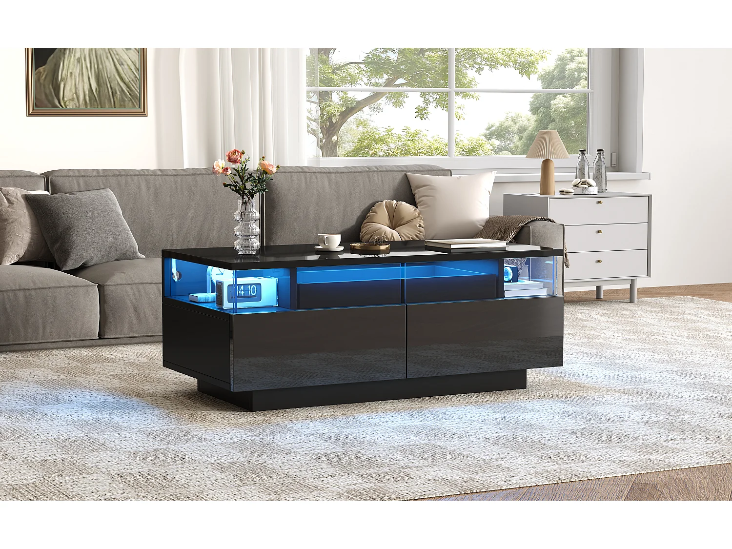 High-gloss coffee table 90x45x35.5 cm - 2 drawers - with LED lighting - with tempered glass - black