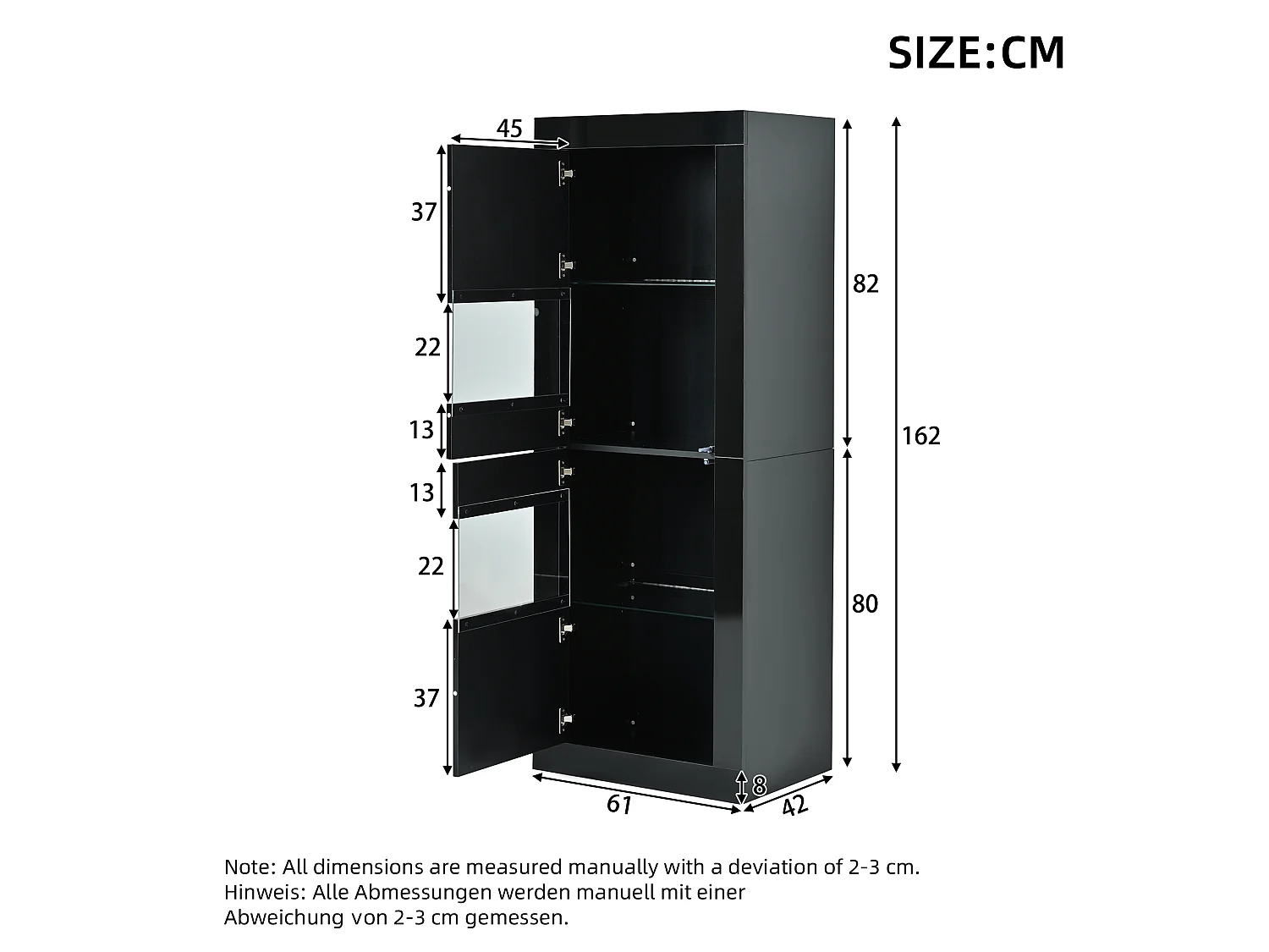 Vitrine mit 2 Acryltüren, verstellbaren Glasböden und LED-Beleuchtung – Spanplatte – 61 × 42 × 162 cm – Schwarz
