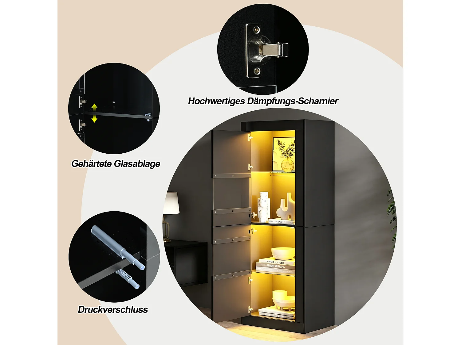 Vitrine mit 2 Acryltüren, verstellbaren Glasböden und LED-Beleuchtung – Spanplatte – 61 × 42 × 162 cm – Schwarz