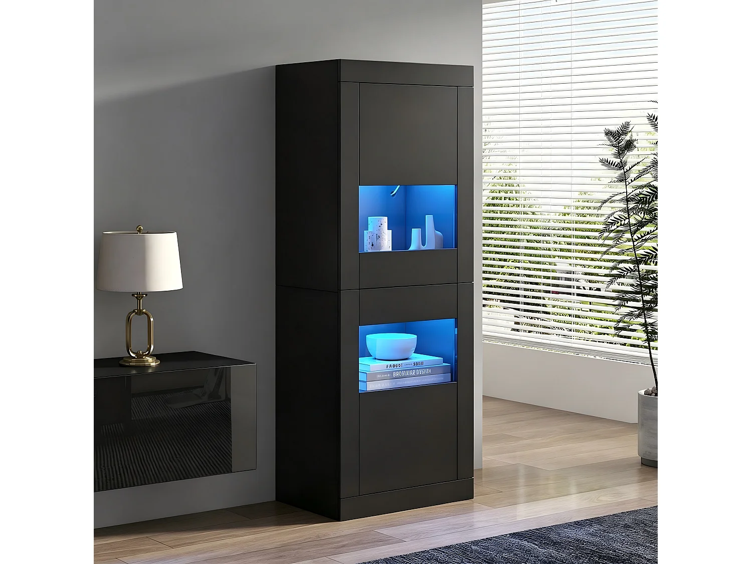 Vitrine mit 2 Acryltüren, verstellbaren Glasböden und LED-Beleuchtung – Spanplatte – 61 × 42 × 162 cm – Schwarz