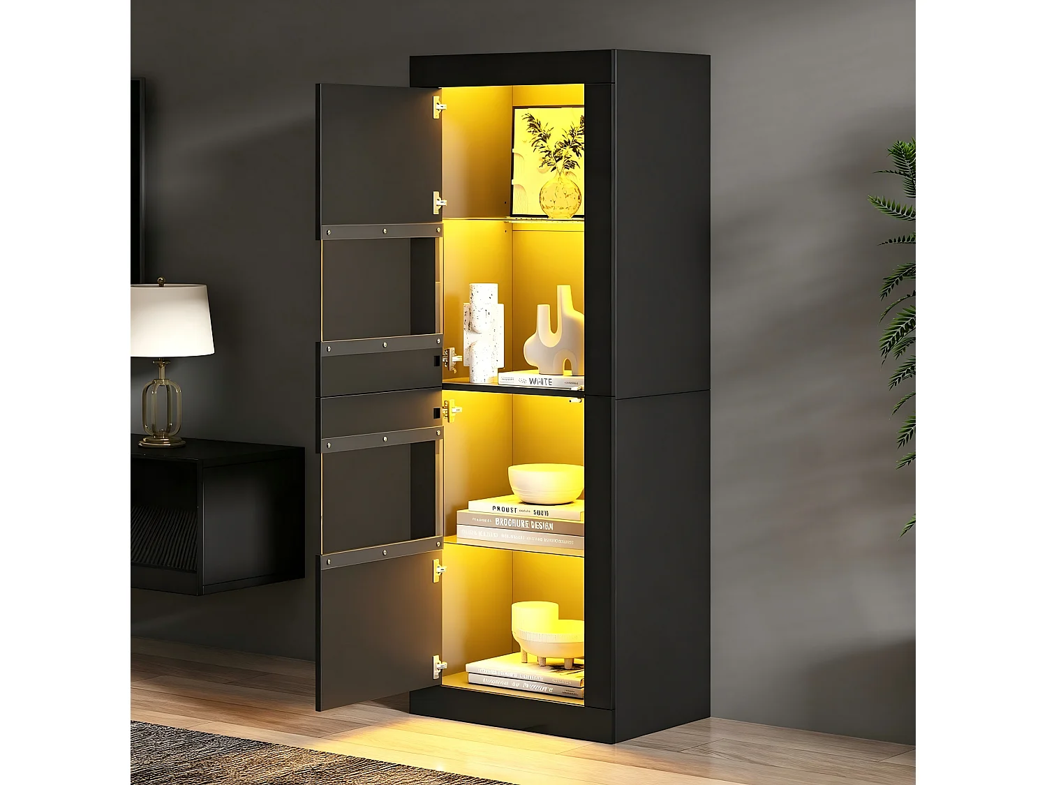Vitrine mit 2 Acryltüren, verstellbaren Glasböden und LED-Beleuchtung – Spanplatte – 61 × 42 × 162 cm – Schwarz