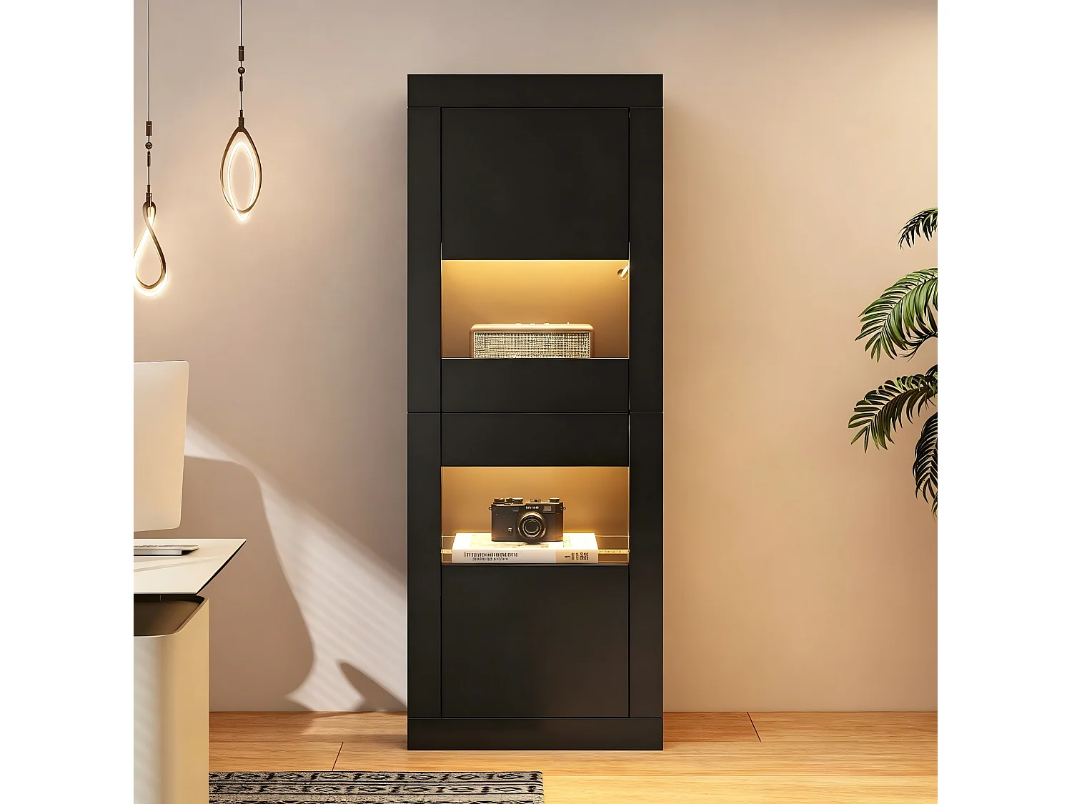 Vitrine mit 2 Acryltüren, verstellbaren Glasböden und LED-Beleuchtung – Spanplatte – 61 × 42 × 162 cm – Schwarz