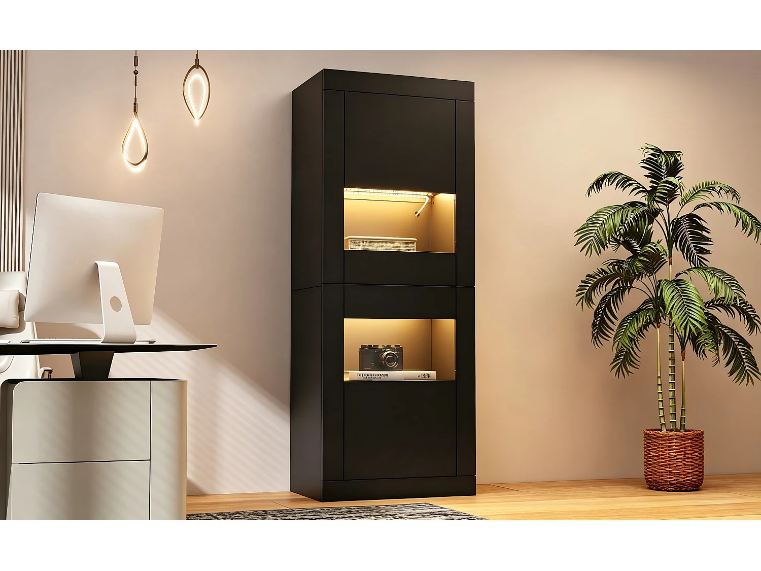 Vitrine mit 2 Acryltüren, verstellbaren Glasböden und LED-Beleuchtung – Spanplatte – 61 × 42 × 162 cm – Schwarz