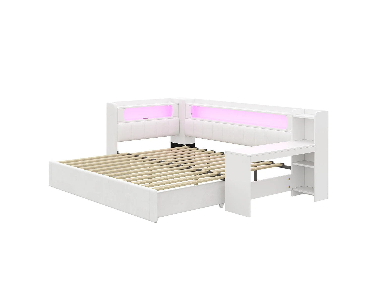 Lit banquette 90x200 convertible 180x200 cm avec ports USB et bureau - Blanc