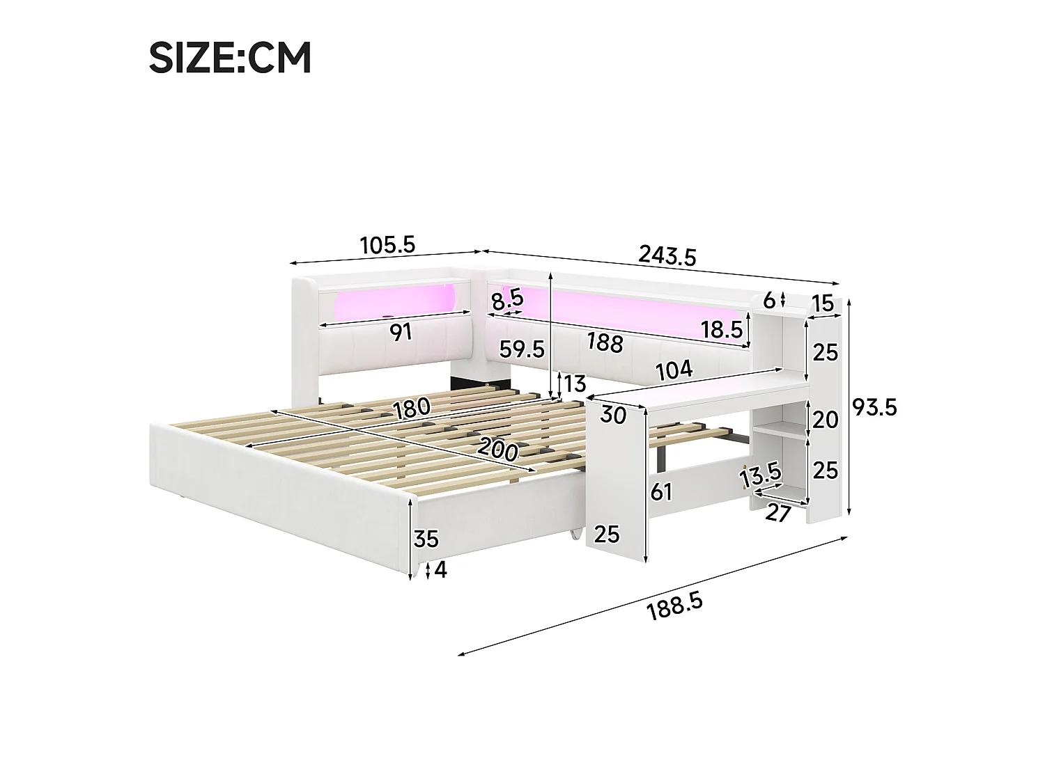 Lit banquette 90x200 convertible 180x200 cm avec ports USB et bureau - Blanc