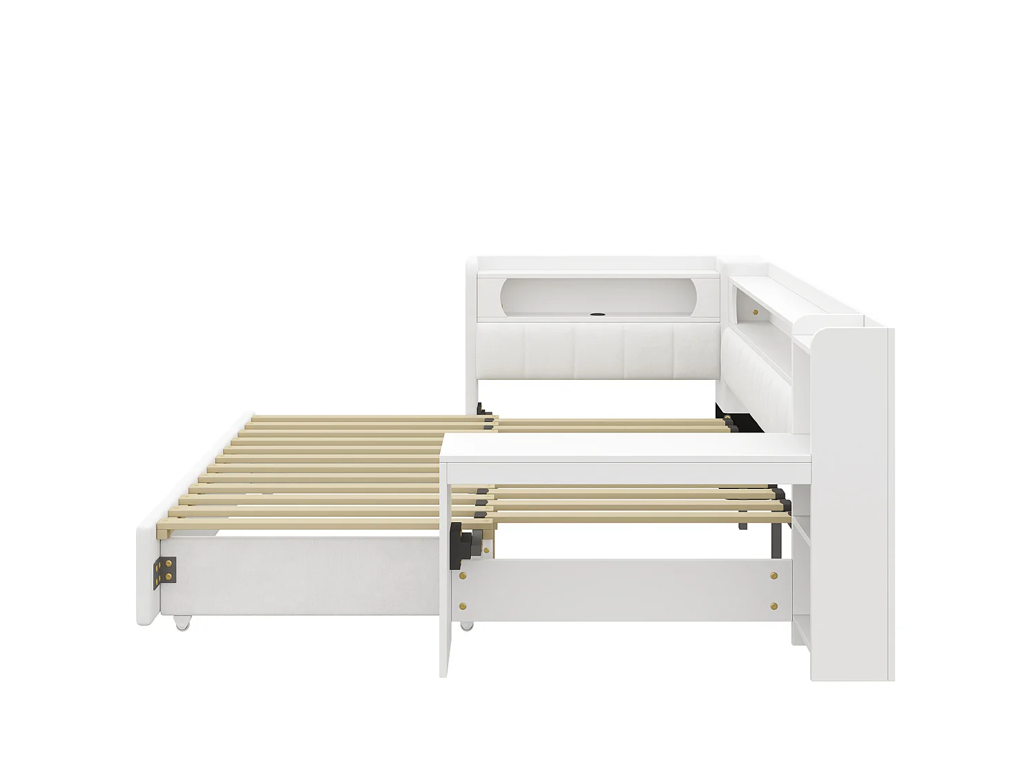 Lit banquette 90x200 convertible 180x200 cm avec ports USB et bureau - Blanc