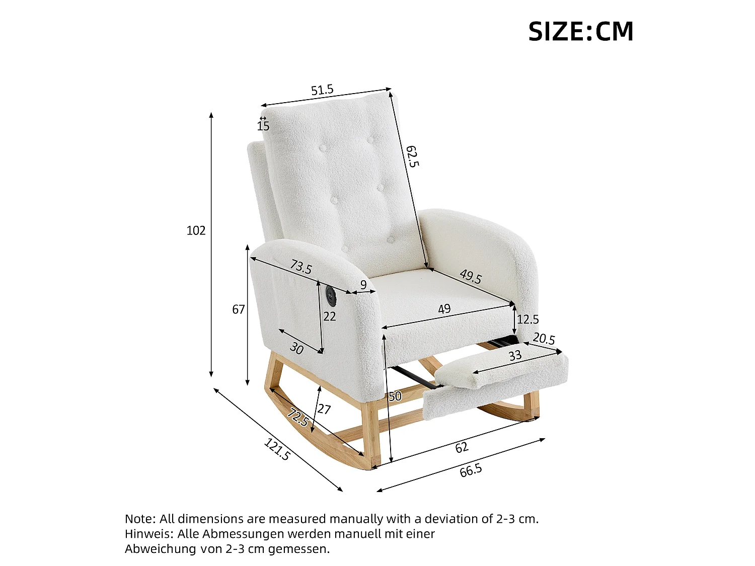 Rocking armchair in soft plush fabric - adjustable footrest and side pockets - USB port - 66,5x121,5x102 cm - white