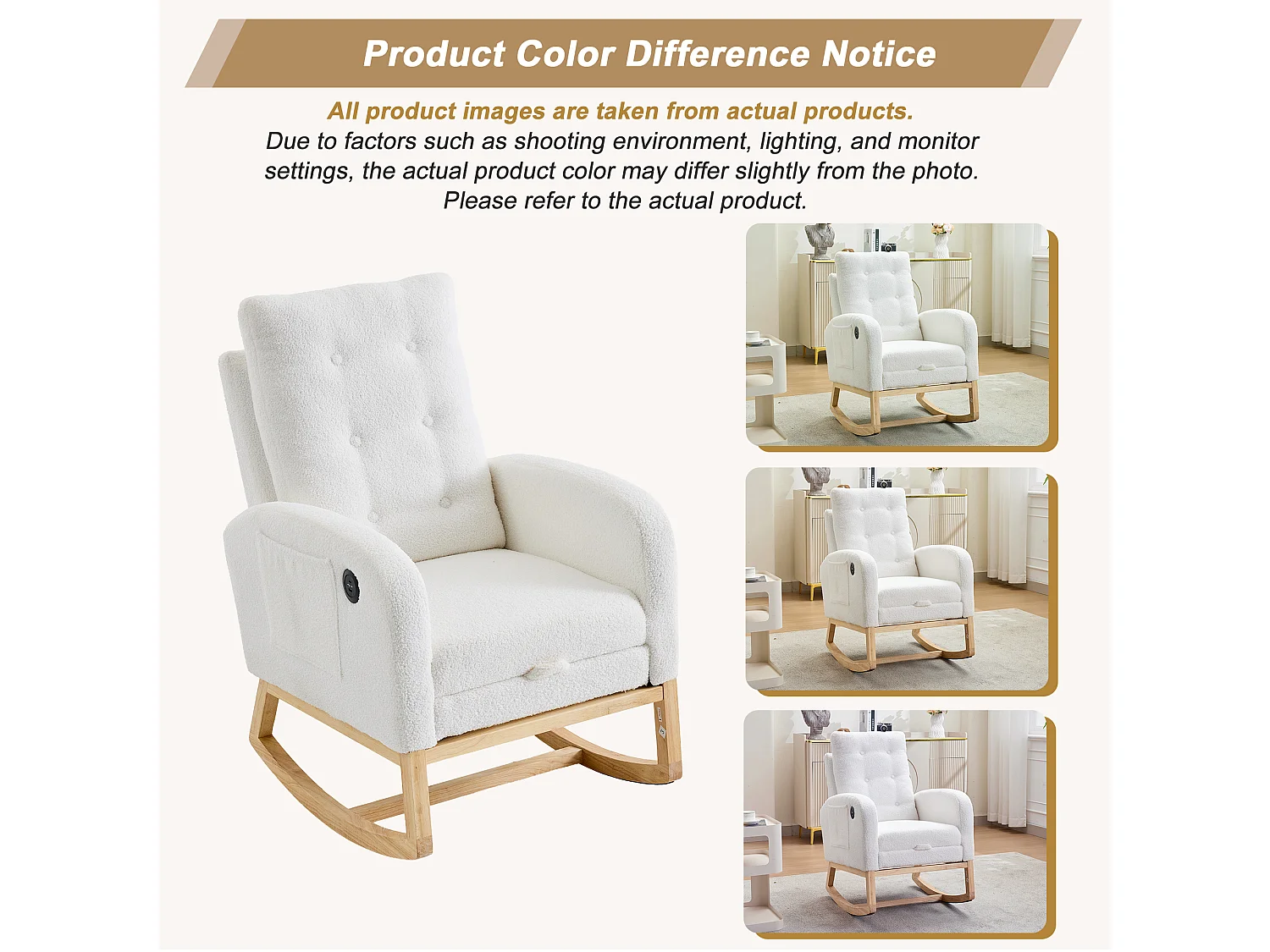 Rocking armchair in soft plush fabric - adjustable footrest and side pockets - USB port - 66,5x121,5x102 cm - white