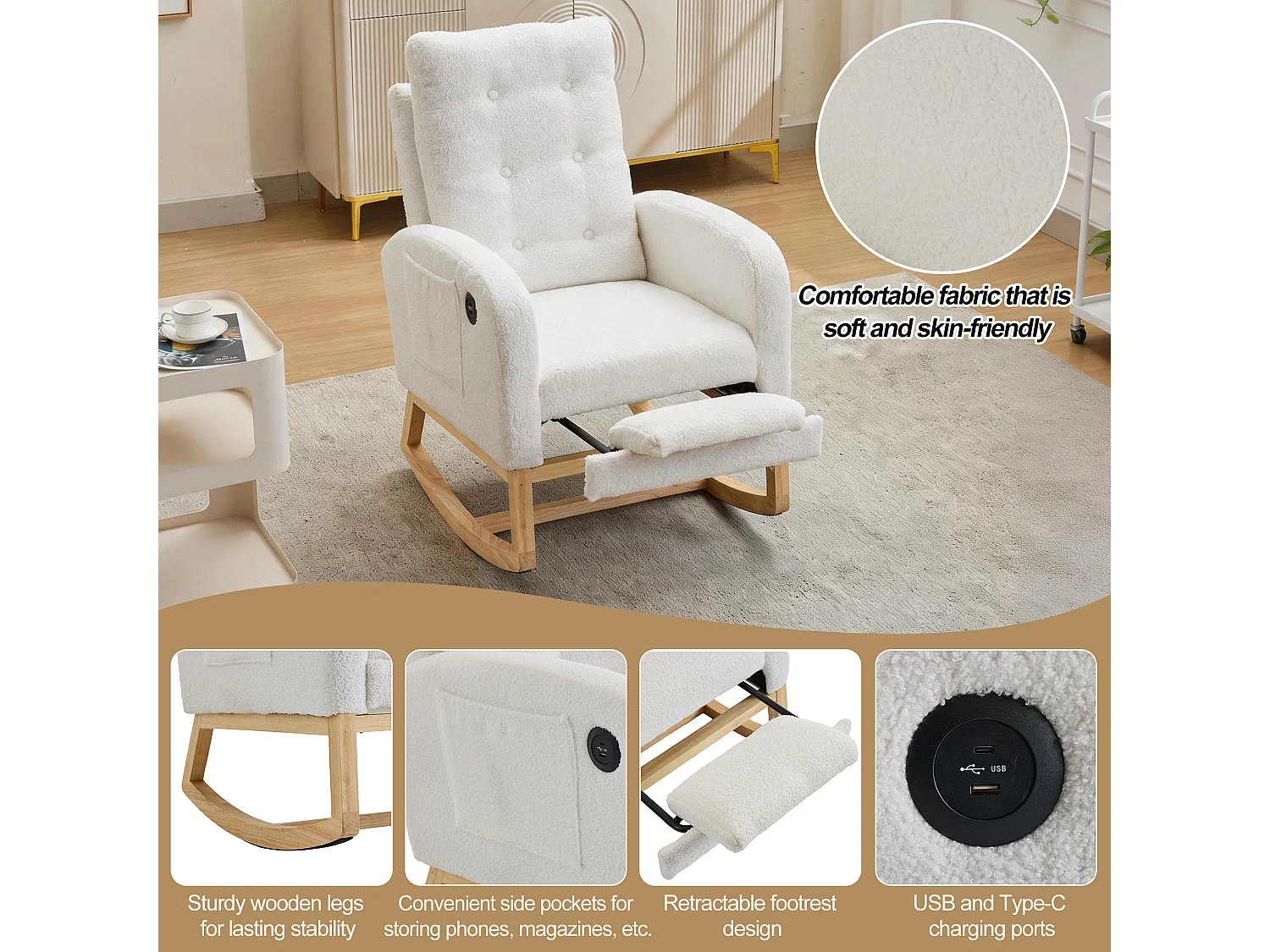 Rocking armchair in soft plush fabric - adjustable footrest and side pockets - USB port - 66,5x121,5x102 cm - white