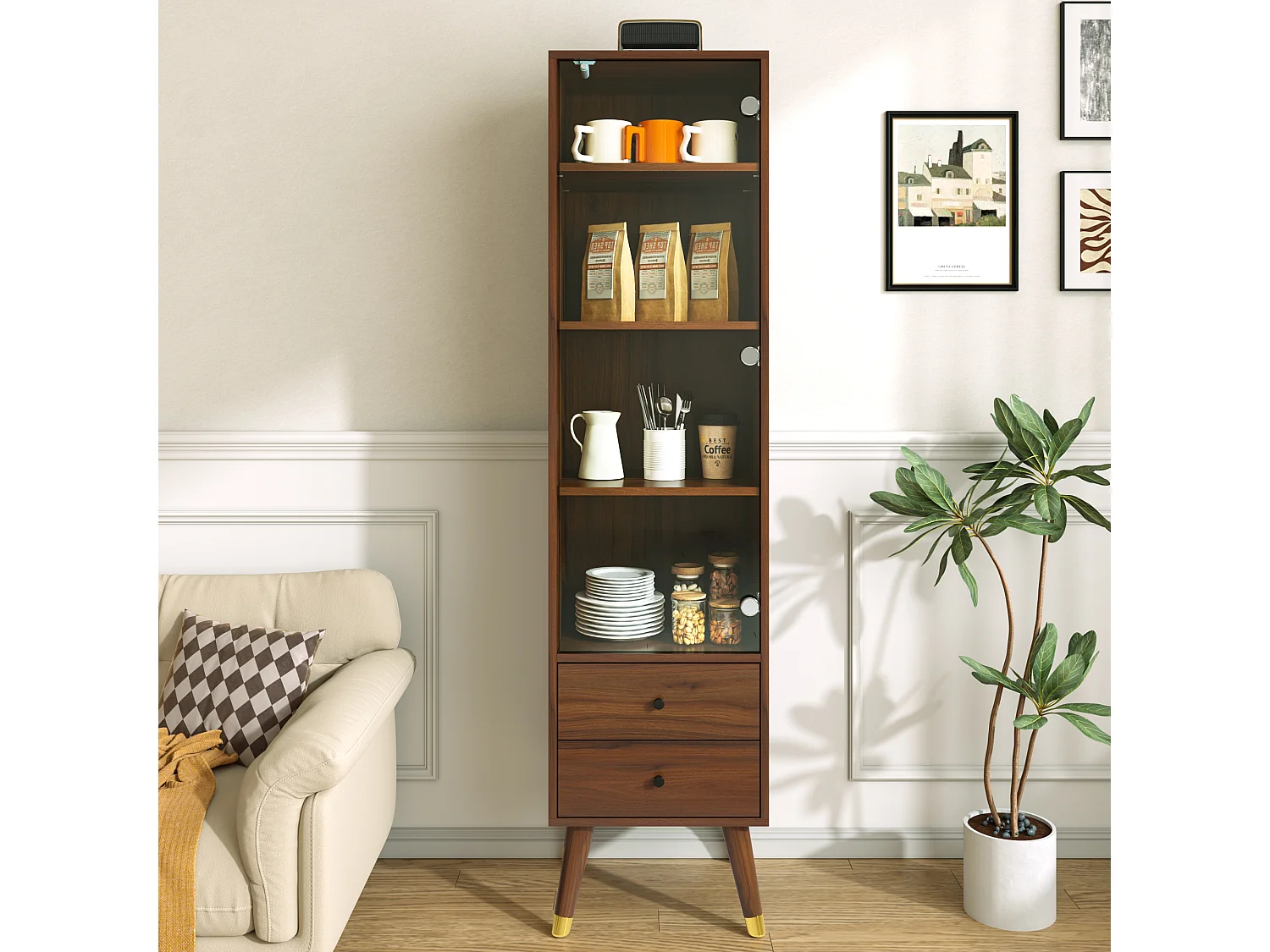 Hohe Vitrine mit einer Glastür und zwei Schubladen, verstellbare Einlegeböden – MDF – 39,8 × 35 × 160 cm – Walnuss