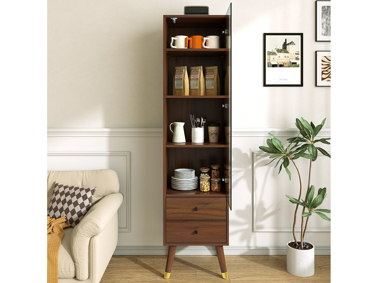Hohe Vitrine mit einer Glastür und zwei Schubladen, verstellbare Einlegeböden – MDF – 39,8 × 35 × 160 cm – Walnuss