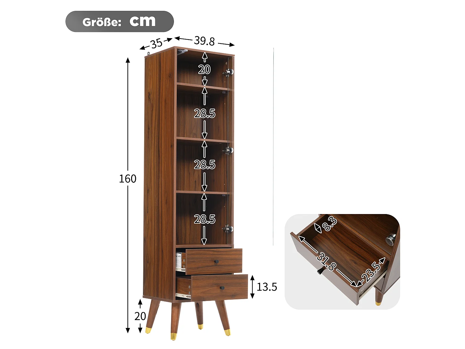Hohe Vitrine mit einer Glastür und zwei Schubladen, verstellbare Einlegeböden – MDF – 39,8 × 35 × 160 cm – Walnuss