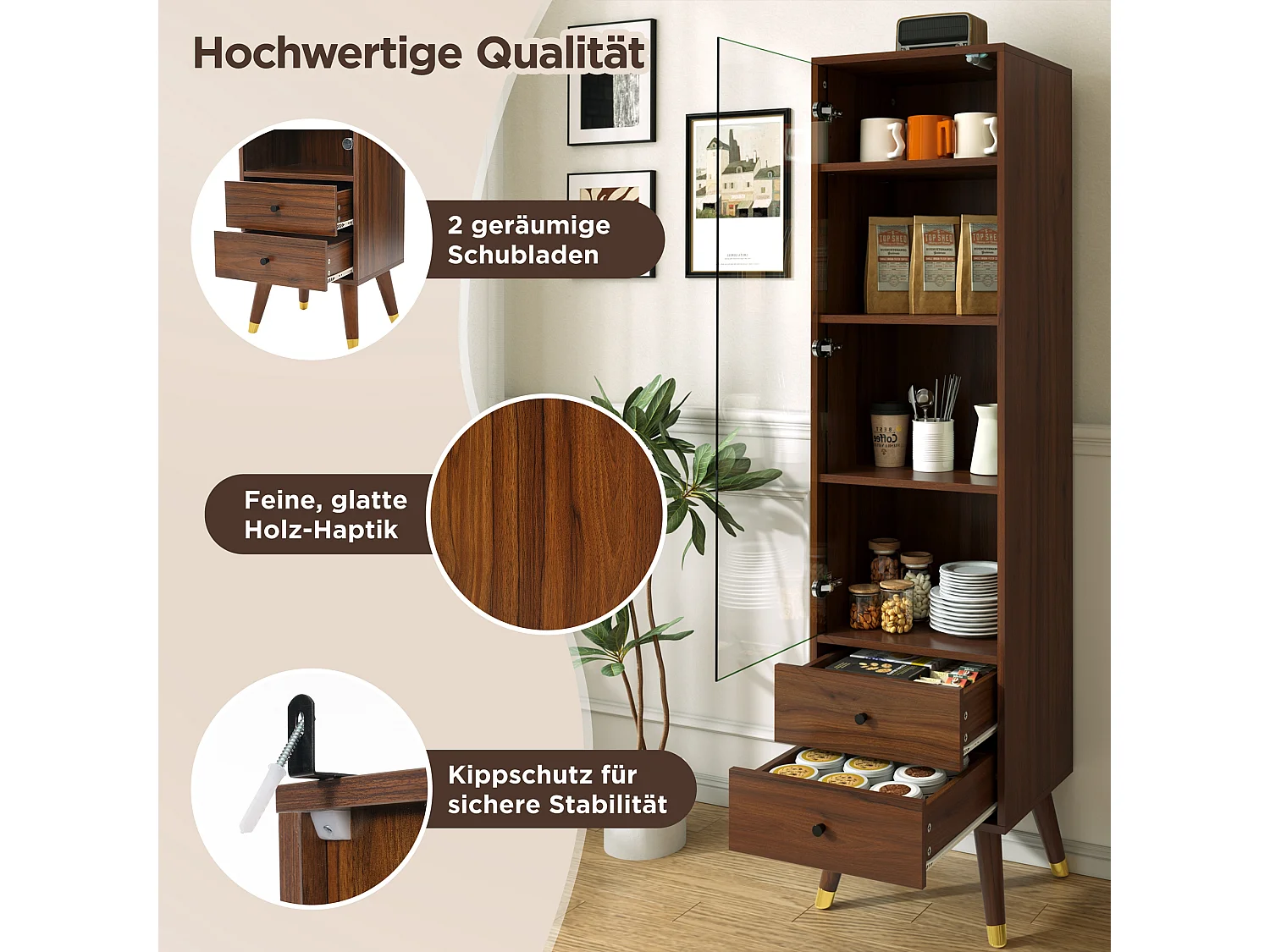 Hohe Vitrine mit einer Glastür und zwei Schubladen, verstellbare Einlegeböden – MDF – 39,8 × 35 × 160 cm – Walnuss