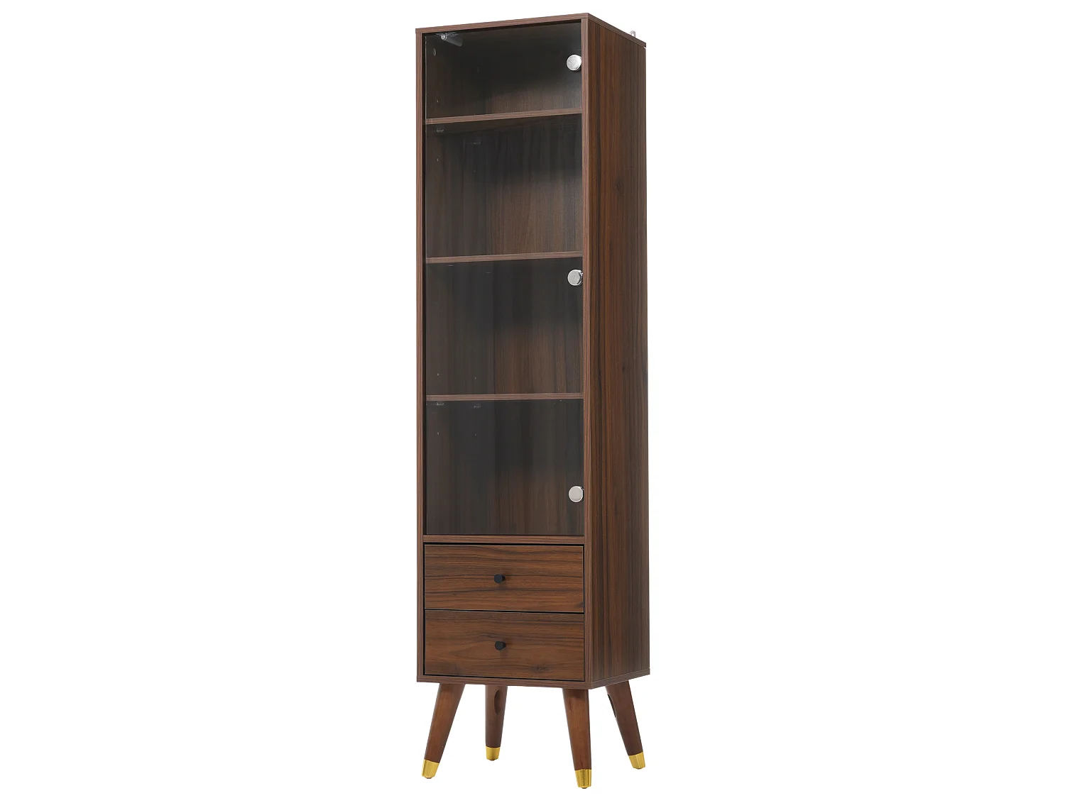 Hohe Vitrine mit einer Glastür und zwei Schubladen, verstellbare Einlegeböden – MDF – 39,8 × 35 × 160 cm – Walnuss