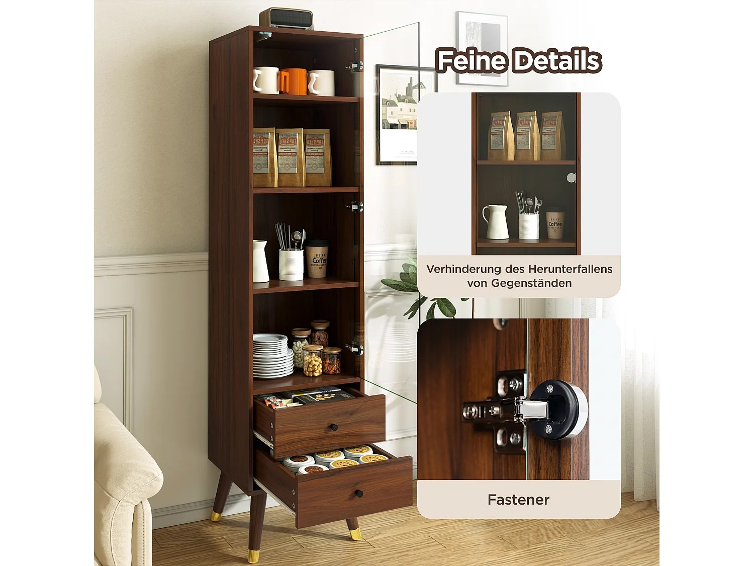 Hohe Vitrine mit einer Glastür und zwei Schubladen, verstellbare Einlegeböden – MDF – 39,8 × 35 × 160 cm – Walnuss