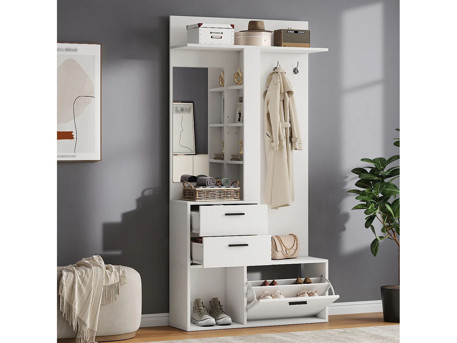 Meuble à chaussures avec miroir, 2 tiroirs, 1 porte rabattable, 3 crochets et étagères réglables - MDF - 90 x 30 x 180 cm - Blanc