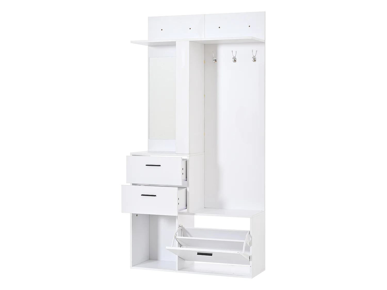 Meuble à chaussures avec miroir, 2 tiroirs, 1 porte rabattable, 3 crochets et étagères réglables - MDF - 90 x 30 x 180 cm - Blanc