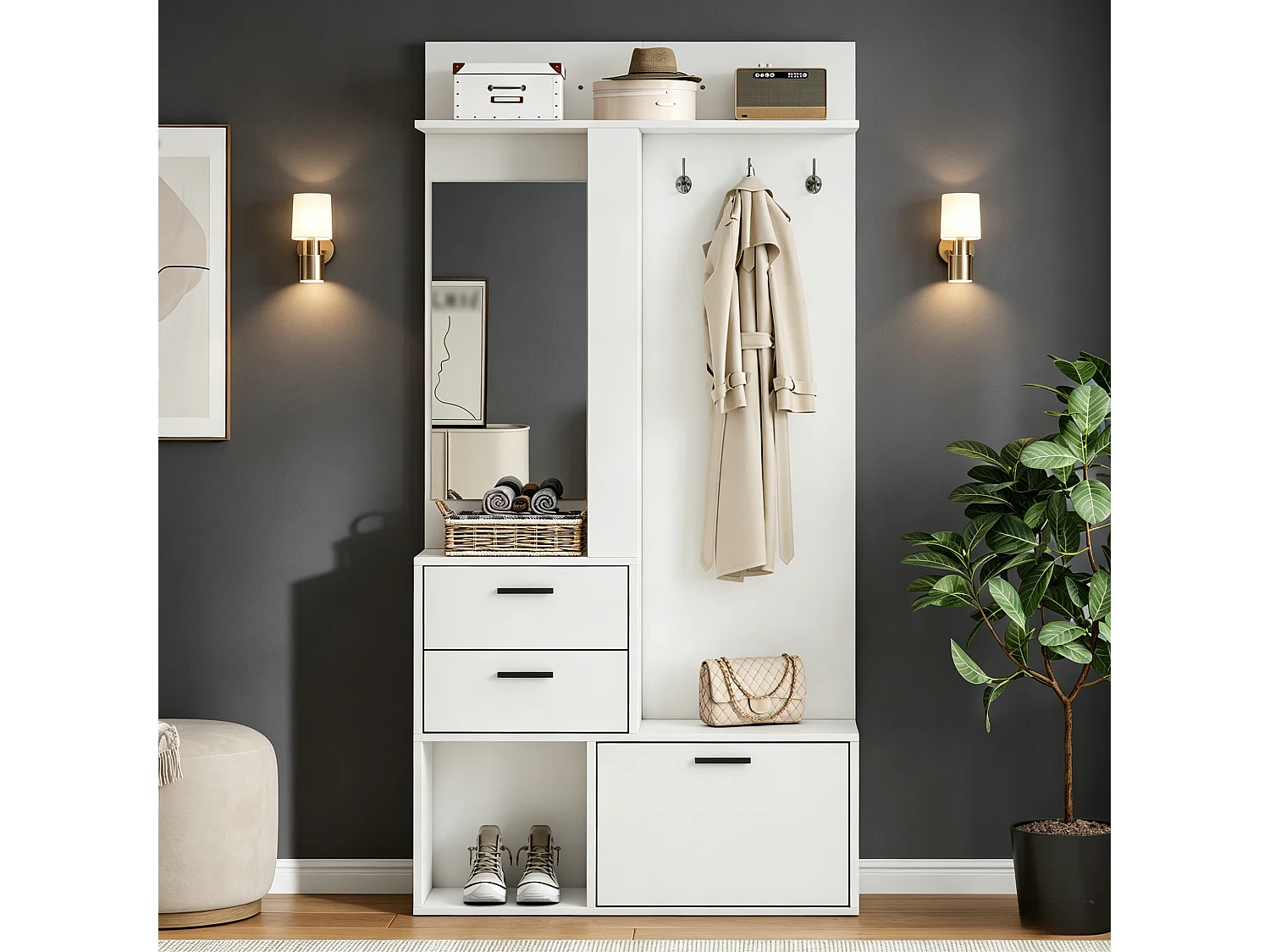 Meuble à chaussures avec miroir, 2 tiroirs, 1 porte rabattable, 3 crochets et étagères réglables - MDF - 90 x 30 x 180 cm - Blanc