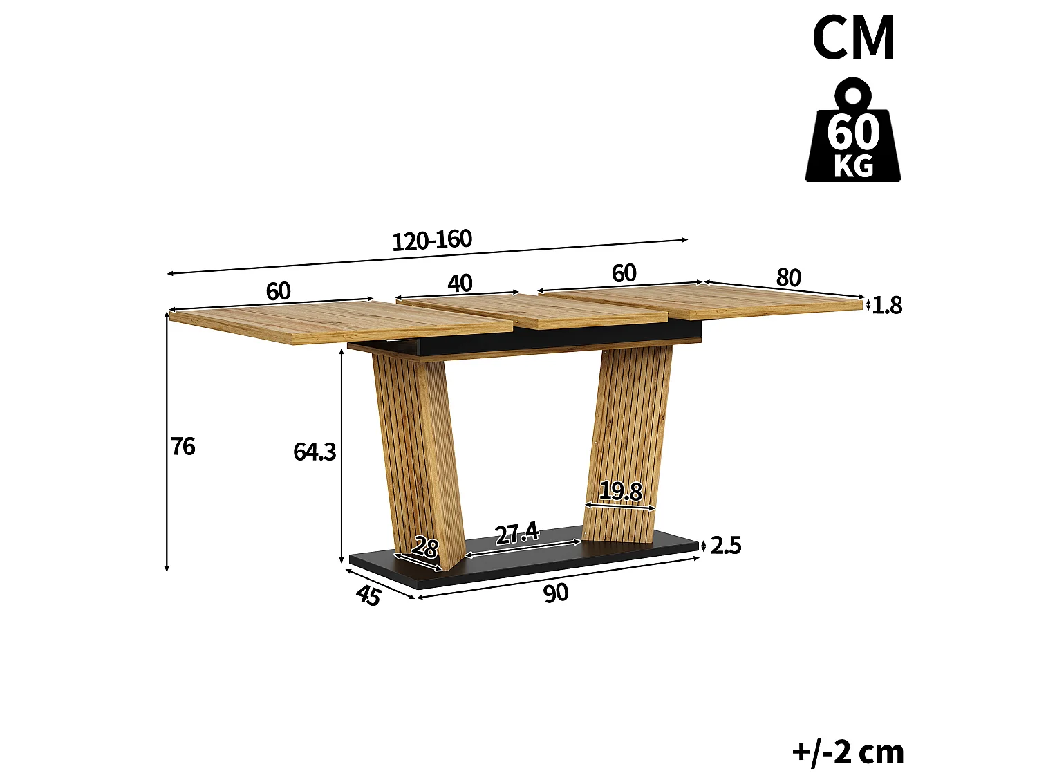 Table à manger extensible 120/160 x 80 cm - Table flexible - Naturel foncé et noir