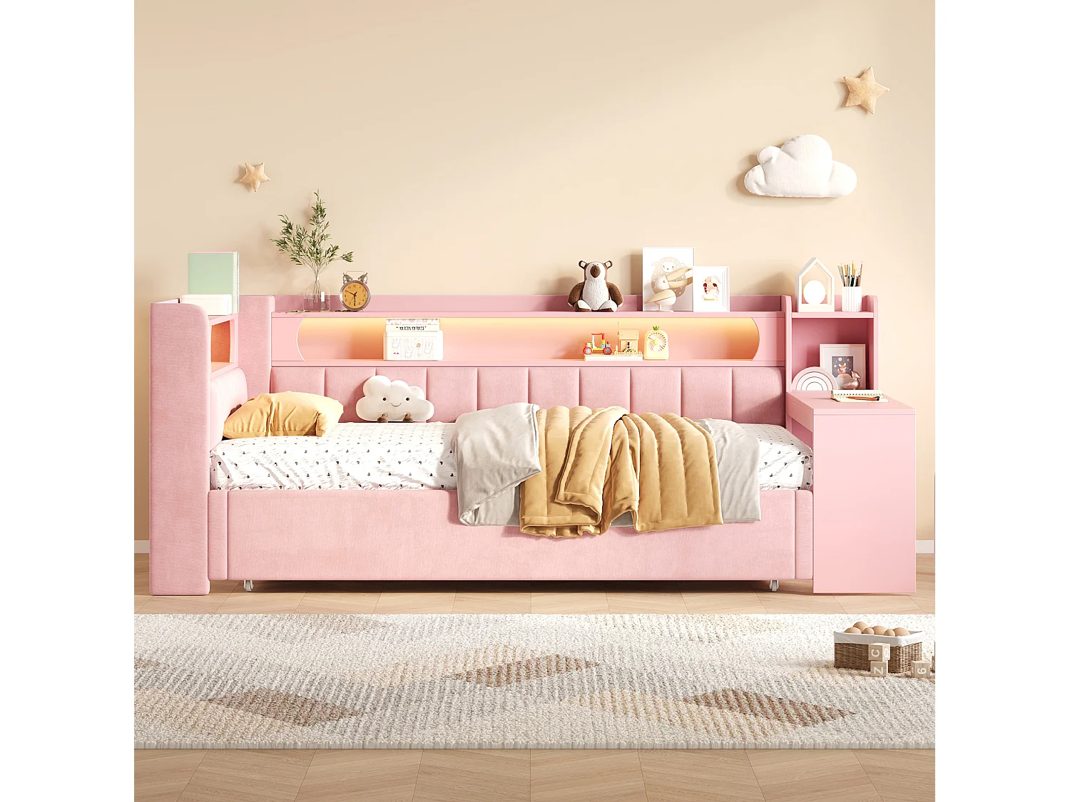 Lit banquette 90x200 convertible 180x200 cm avec ports USB et bureau - Rose