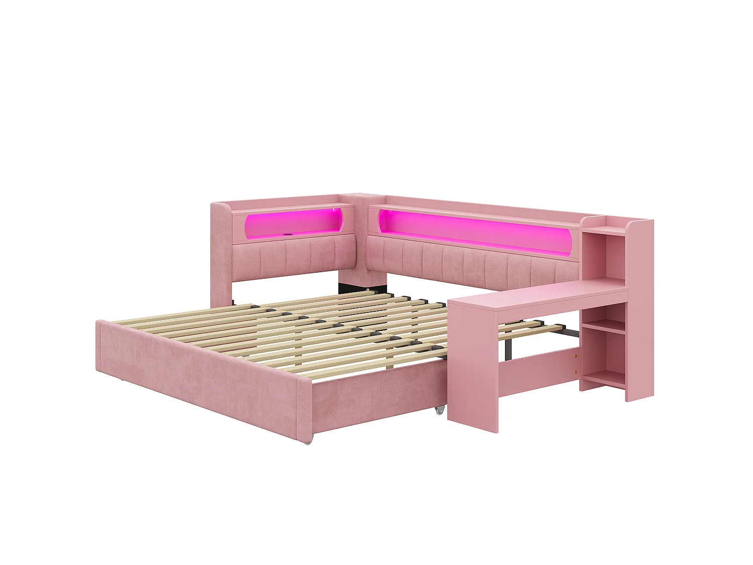 Lit banquette 90x200 convertible 180x200 cm avec ports USB et bureau - Rose