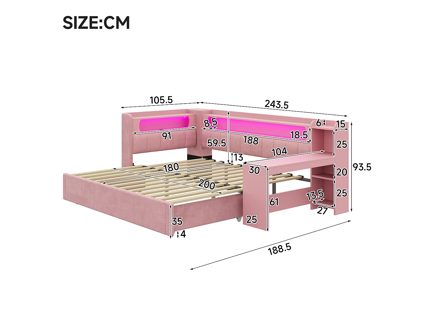 Lit banquette 90x200 convertible 180x200 cm avec ports USB et bureau - Rose