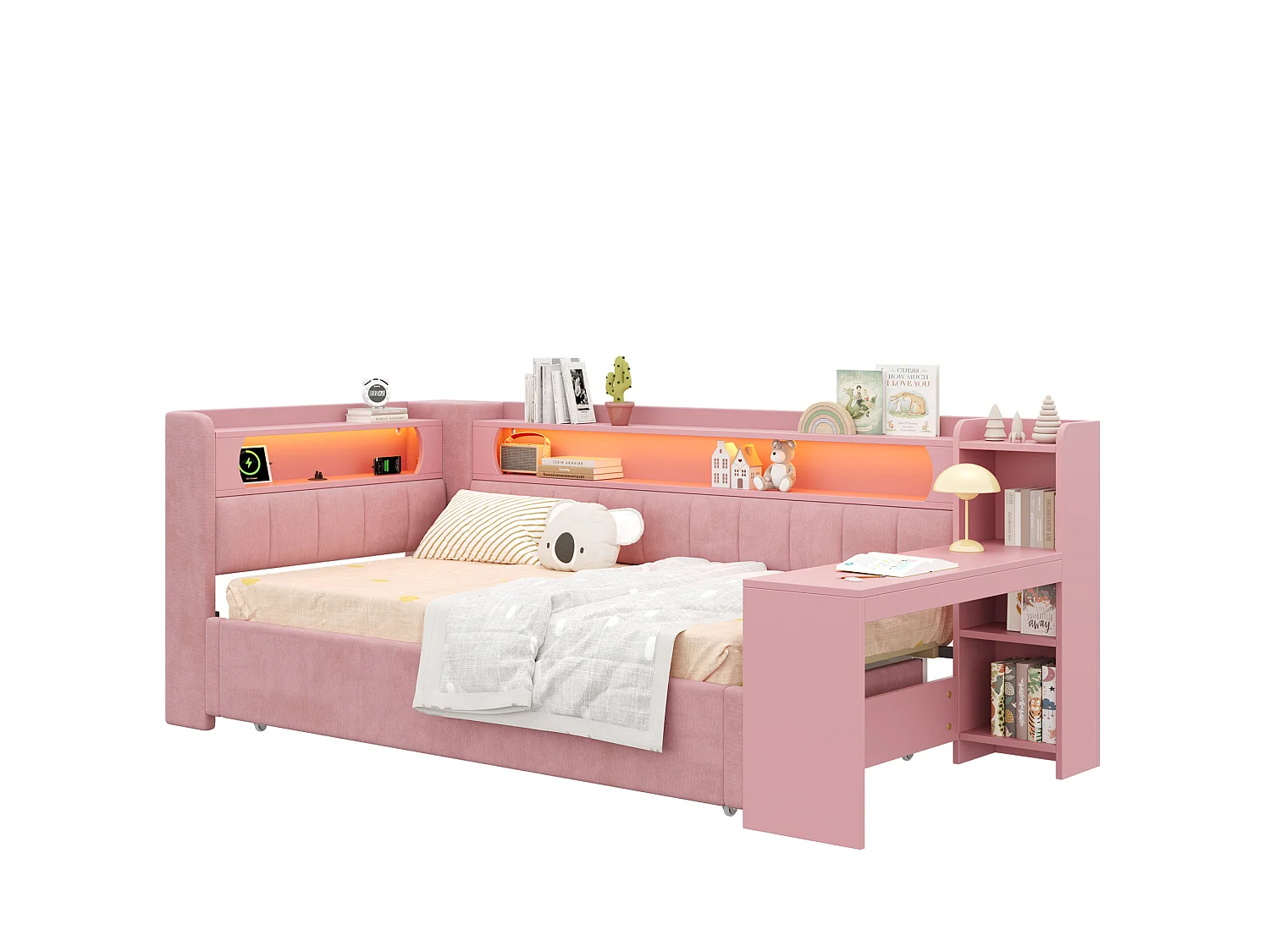 Lit banquette 90x200 convertible 180x200 cm avec ports USB et bureau - Rose