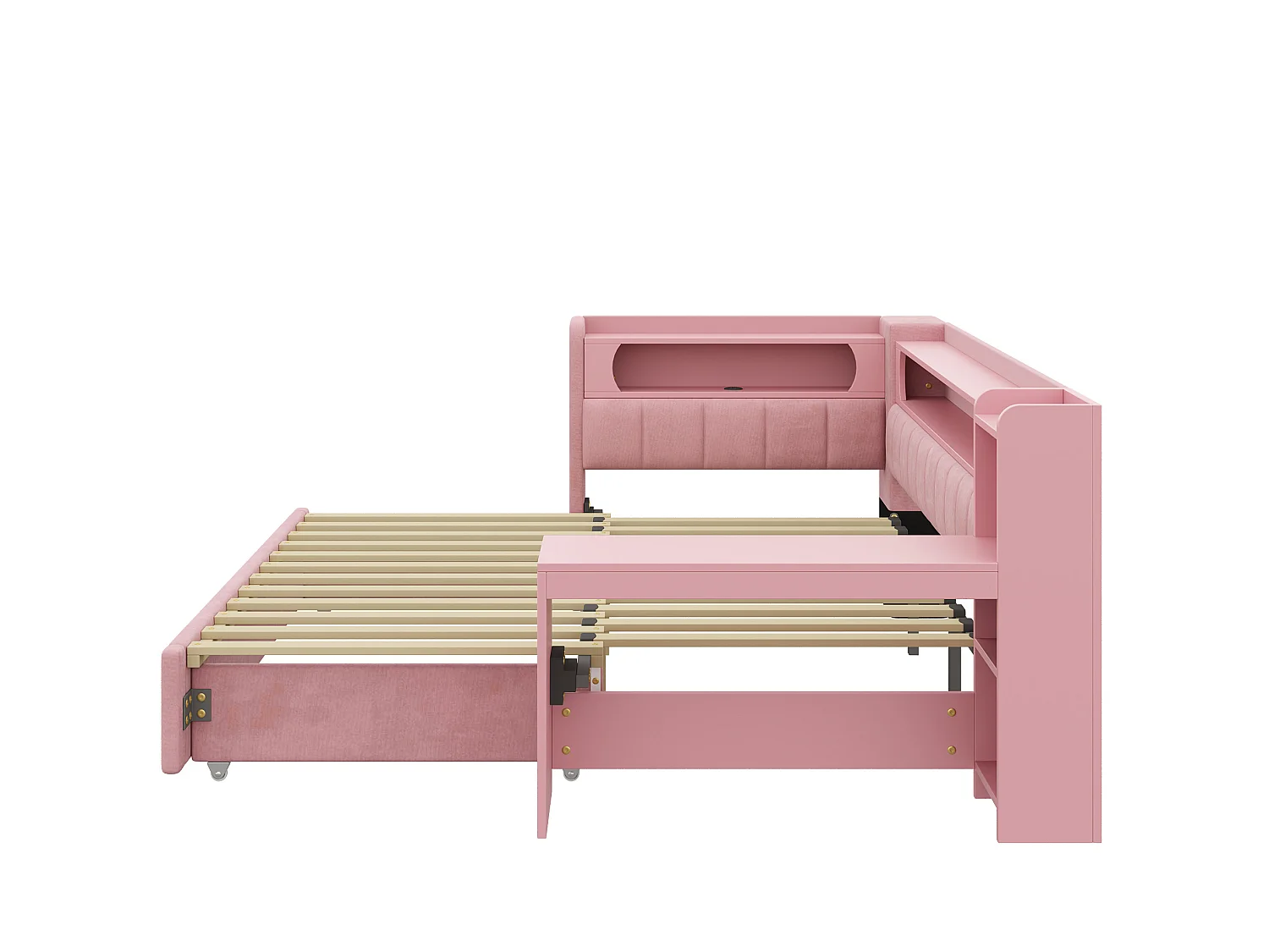 Lit banquette 90x200 convertible 180x200 cm avec ports USB et bureau - Rose