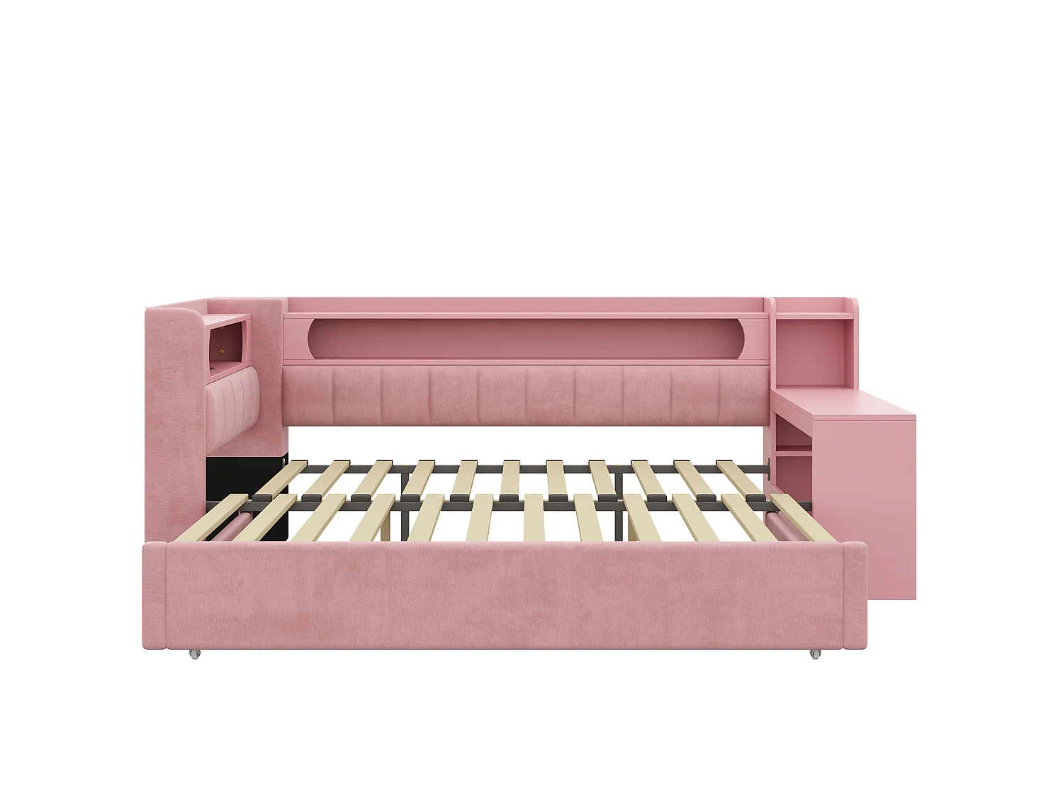 Lit banquette 90x200 convertible 180x200 cm avec ports USB et bureau - Rose
