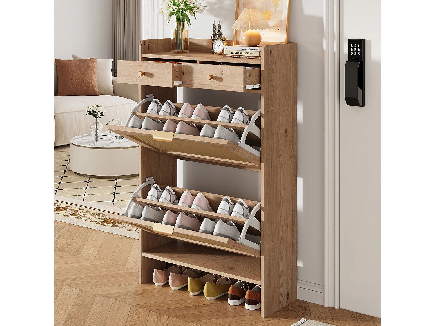 Meuble à chaussures avec 2 tiroirs et 2 portes abattantes - Naturel clair