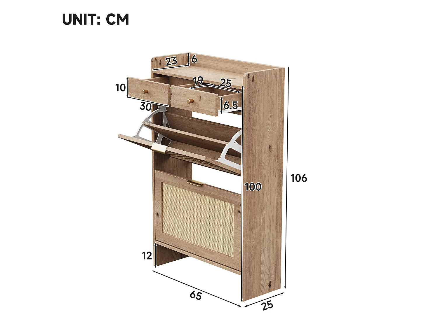 Meuble à chaussures avec 2 tiroirs et 2 portes abattantes - Naturel clair