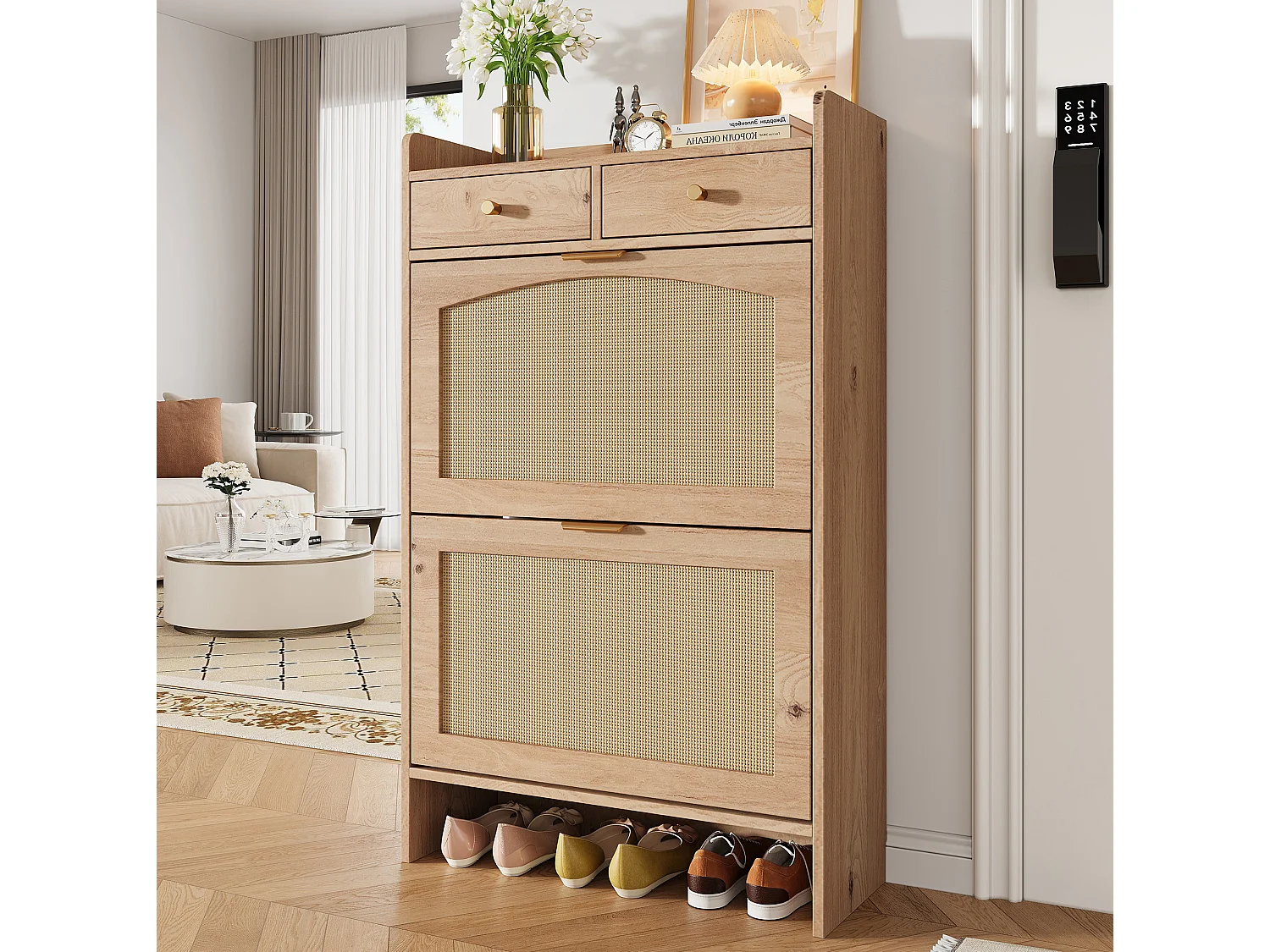 Meuble à chaussures avec 2 tiroirs et 2 portes abattantes - Naturel clair