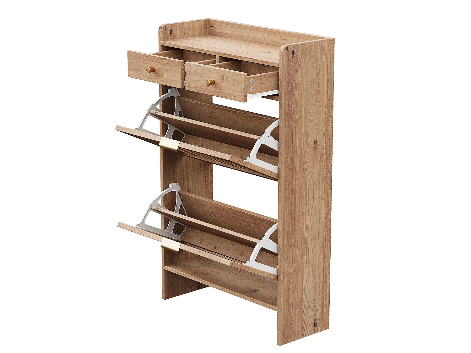 Meuble à chaussures avec 2 tiroirs et 2 portes abattantes - Naturel clair