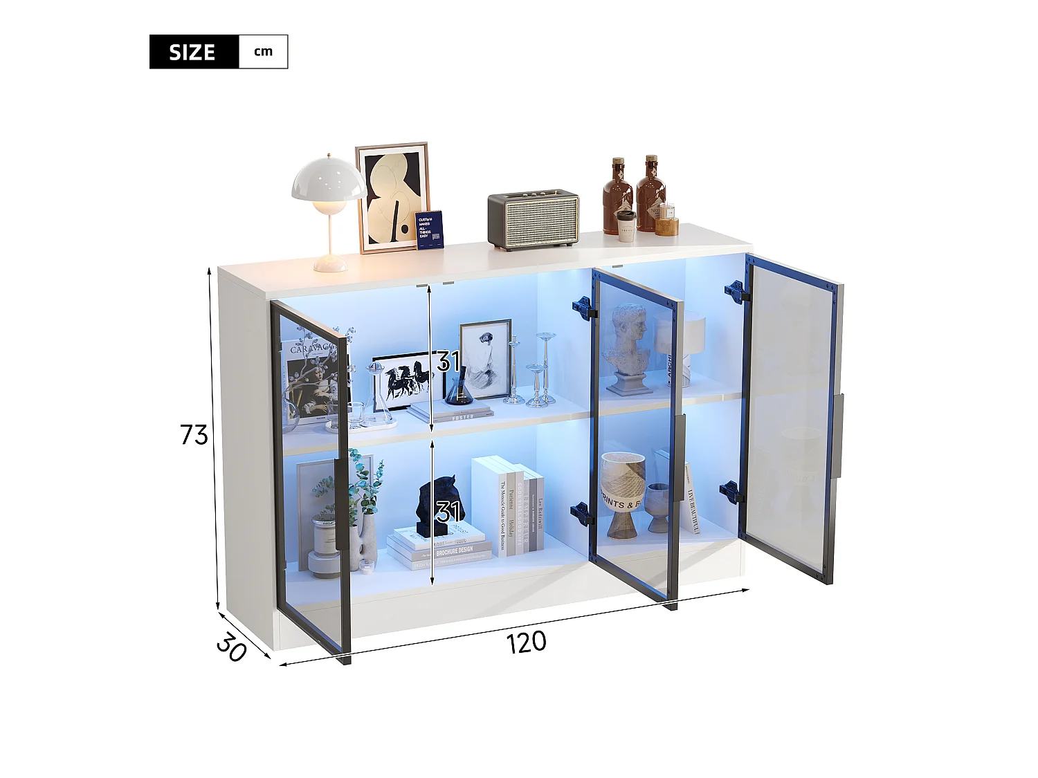 Vitrine mit LED-Beleuchtung und 3 grauen Glastüren – Spanplatte und Glas – 120 x 30 x 73 cm – Weiß
