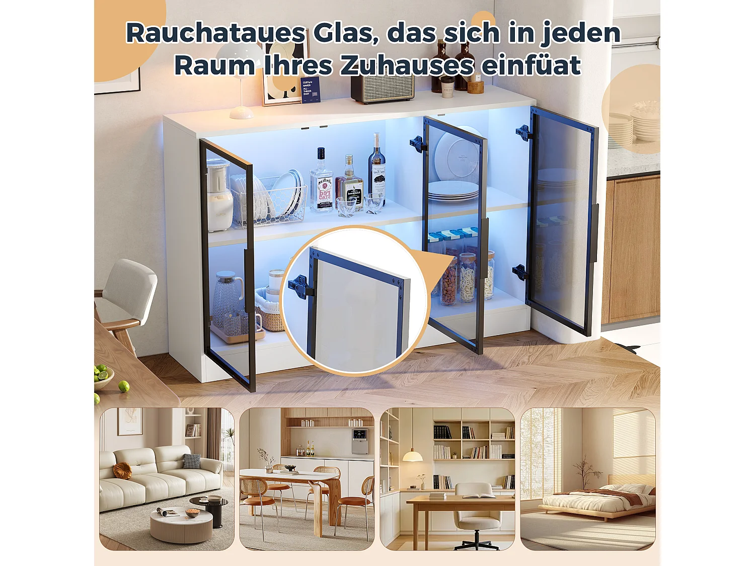 Vitrine mit LED-Beleuchtung und 3 grauen Glastüren – Spanplatte und Glas – 120 x 30 x 73 cm – Weiß