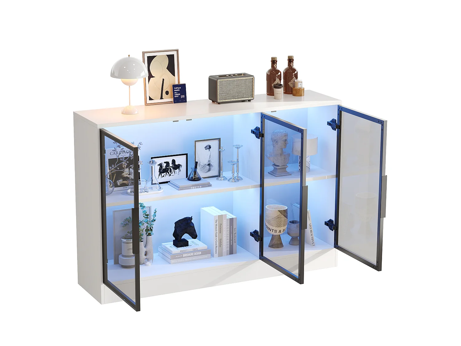 Vitrine mit LED-Beleuchtung und 3 grauen Glastüren – Spanplatte und Glas – 120 x 30 x 73 cm – Weiß