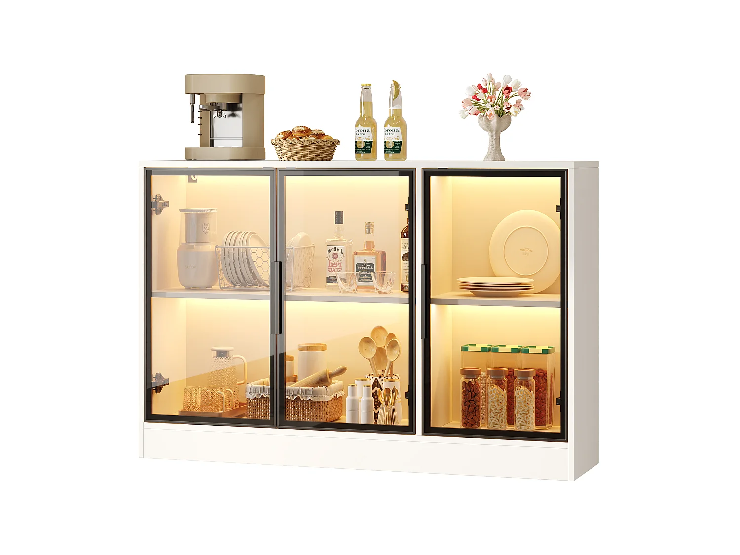 Vitrine mit LED-Beleuchtung und 3 grauen Glastüren – Spanplatte und Glas – 120 x 30 x 73 cm – Weiß